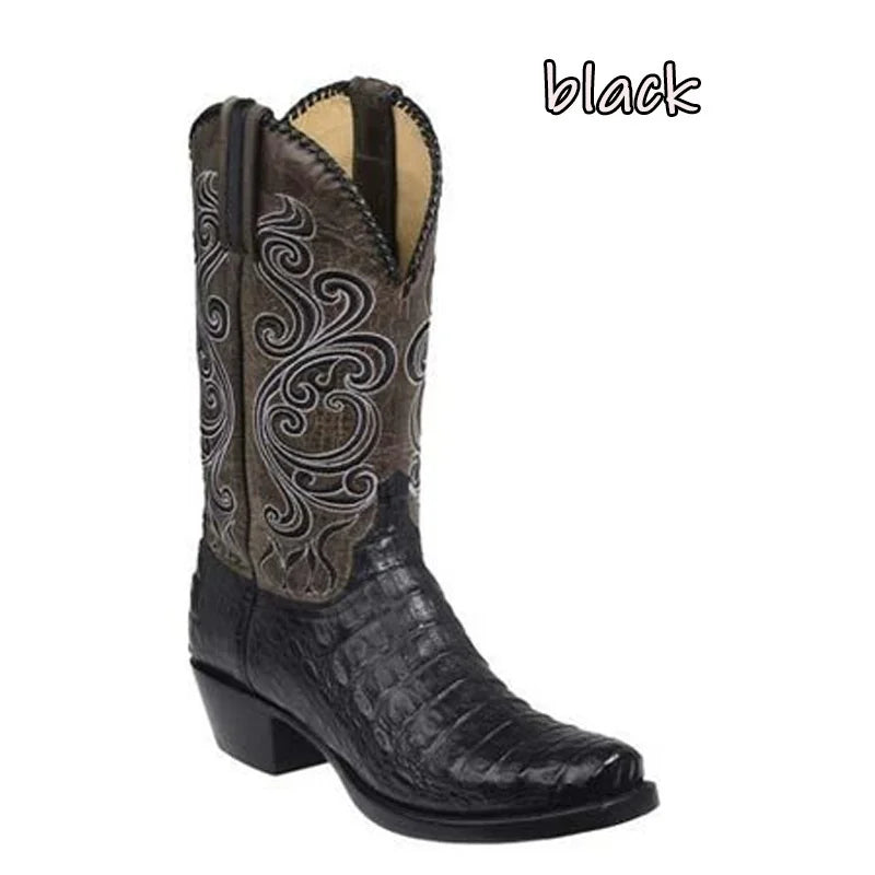 3 Color Fashion Men Women Retro Embroidered Cowboy Boots PU Western Square Toe Boots Plus Size 34-48