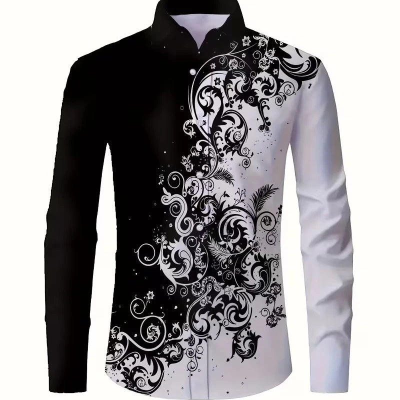 Men's long sleeved shirt, European and American men's printed long sleeved shirt, collared European patterned shirt, trendy casu