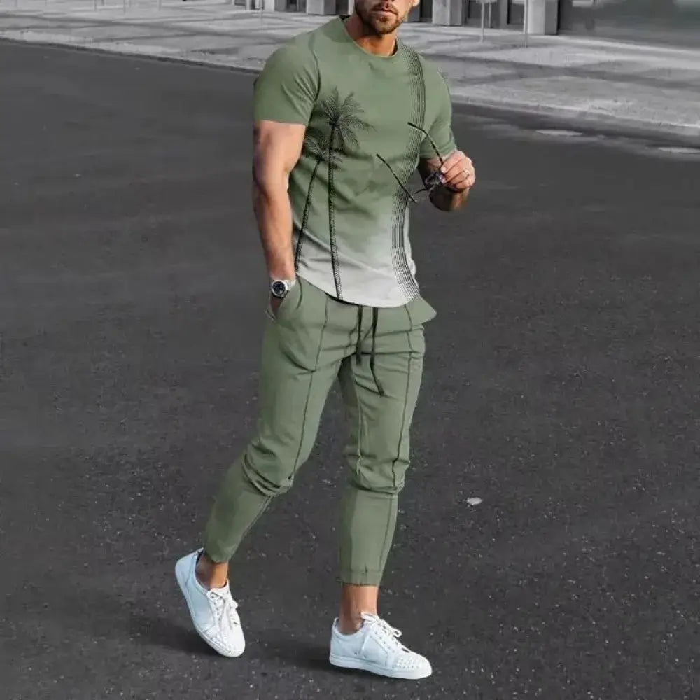 Neues Herren-Set: Bequemes, atmungsaktives Kurzarm-Rundhals-T-Shirt und Hose – 3D-gedruckt, neuestes Retro-Outdoor-Freizeitset