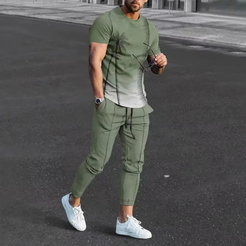 New Men's Comfortable Breathable Short Sleeve Round Neck T-shirt Pants Set 3D Printed Latest Retro Outdoor Leisure Set