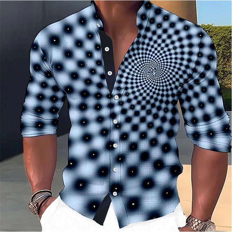 Men's Shirt Optical Illusion Graphic Stand Collar Long Sleeve Print Clothes Clothing Fashion Street Designer Casual Tops