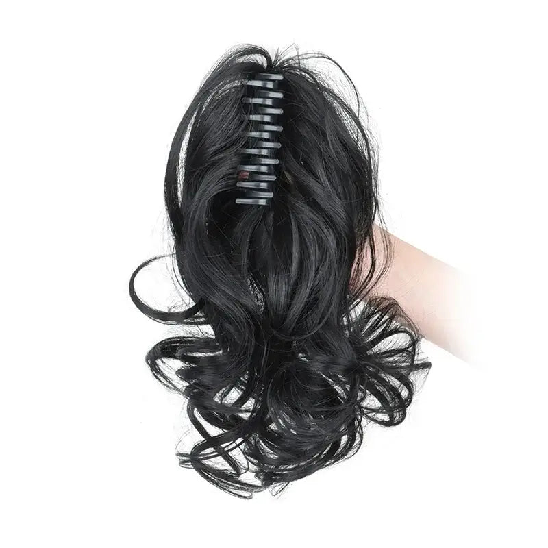 Synthetic 12Inch Ponytail Claw Clip Ponytail Extensions Short Curly Ponytail Ladies Black Brown Blonde Hair Clip for Women - Black