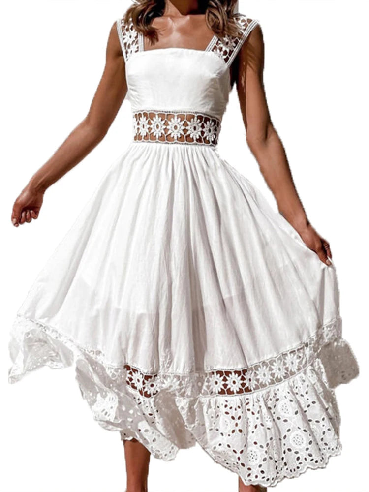 White Lace Long Dresses Women Summer Sleeveless Backless Cotton Dress Elegant Fashion Casual Hollow Out Big Swing Beach Sundress