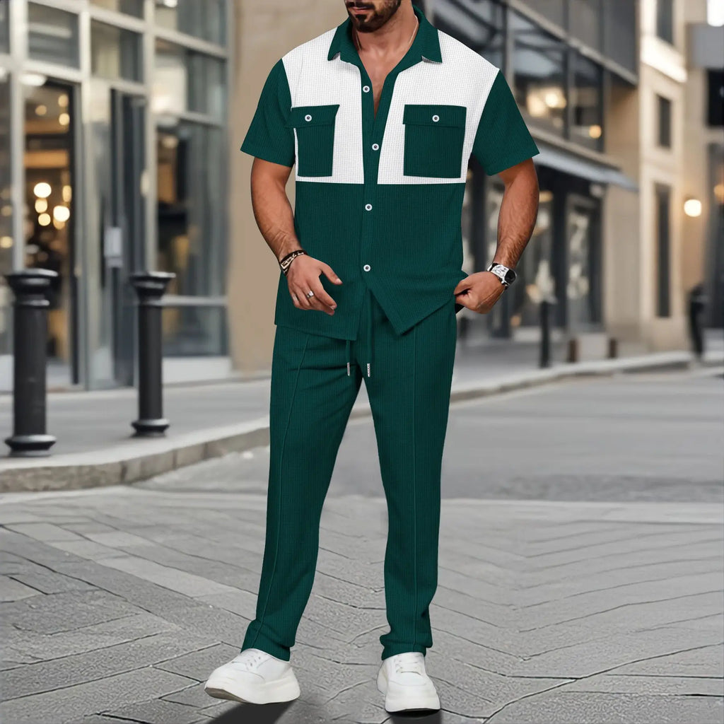 2025 Summer Men's Casual Short-Sleeved Pants Suit Fashion Handsome Tooling Matching Color Shirt Outdoor Cardigan Shirt Two Sets