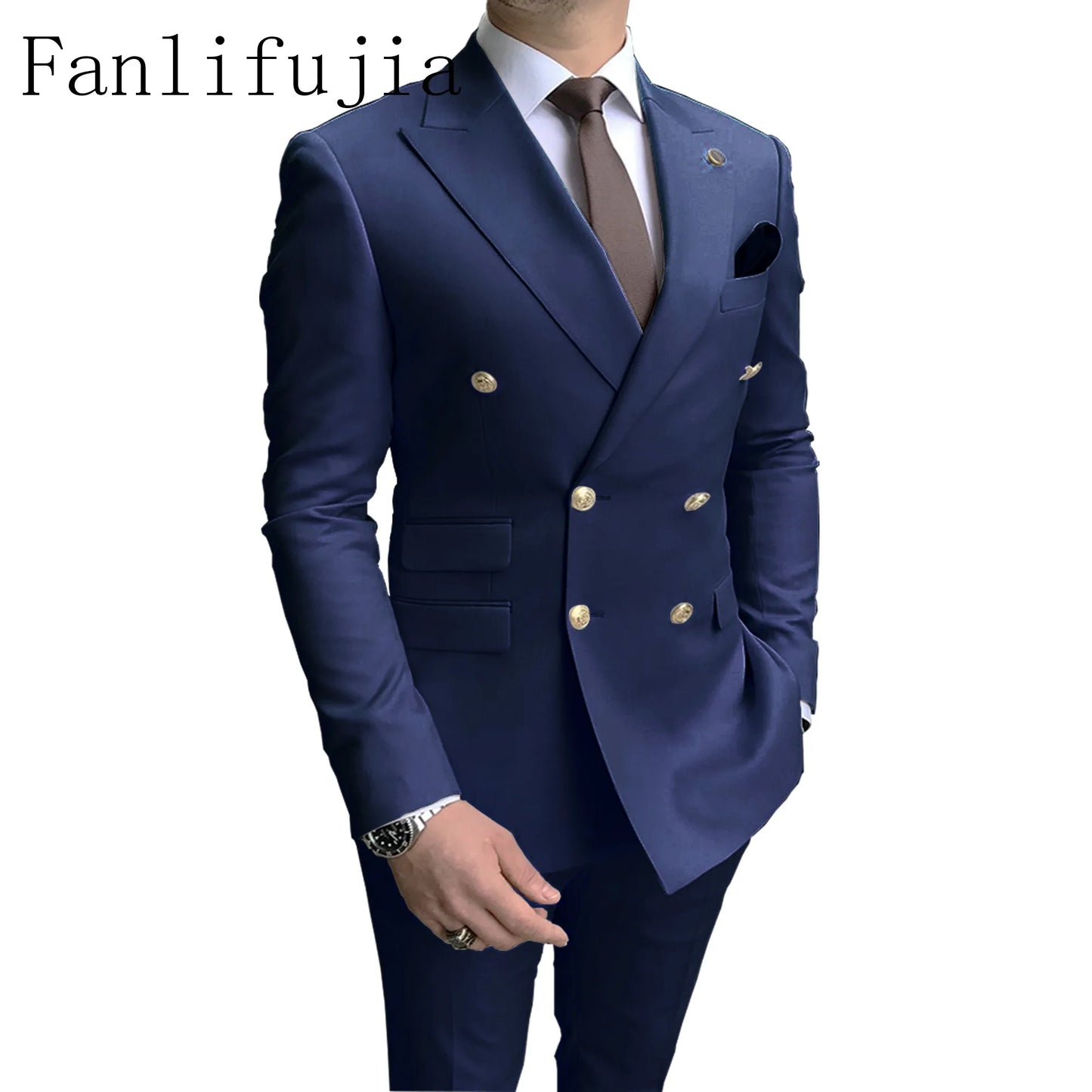 Fanlifujia Store  Casual Sky Blue Men Suits Double Brested Peak Lapel  Gold Button Groom Wedding Tuxedos Best Costume Homme