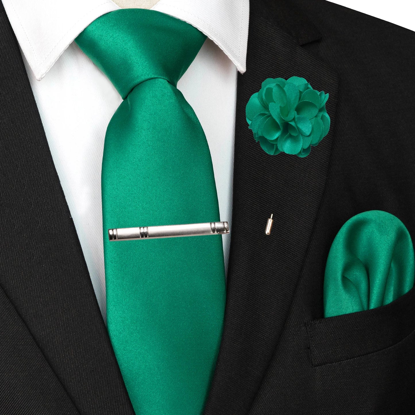 Mens Colors Solid Tie and Lapel Pin Necktie Pocket Square and Tie Clip Sets for Business Casual 4PCS