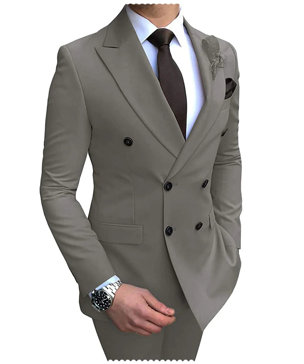 New Beige Men's Suit 2 Pieces Double Breasted Notch Lapel Flat Slim Fit Casual Tuxedos For Wedding(Blazer+Pants)