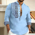Fashionable 7 Button Men's Long Sleeve Shirt Button Down Shirt Loose Henley V Neck Beach Top T-Shirt High Quality Material
