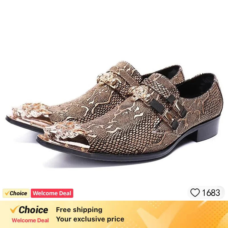 new arrival red genuine leather pointed toe metal tip crystal  handmade men leather dress shoes fashion hairdresser shoes