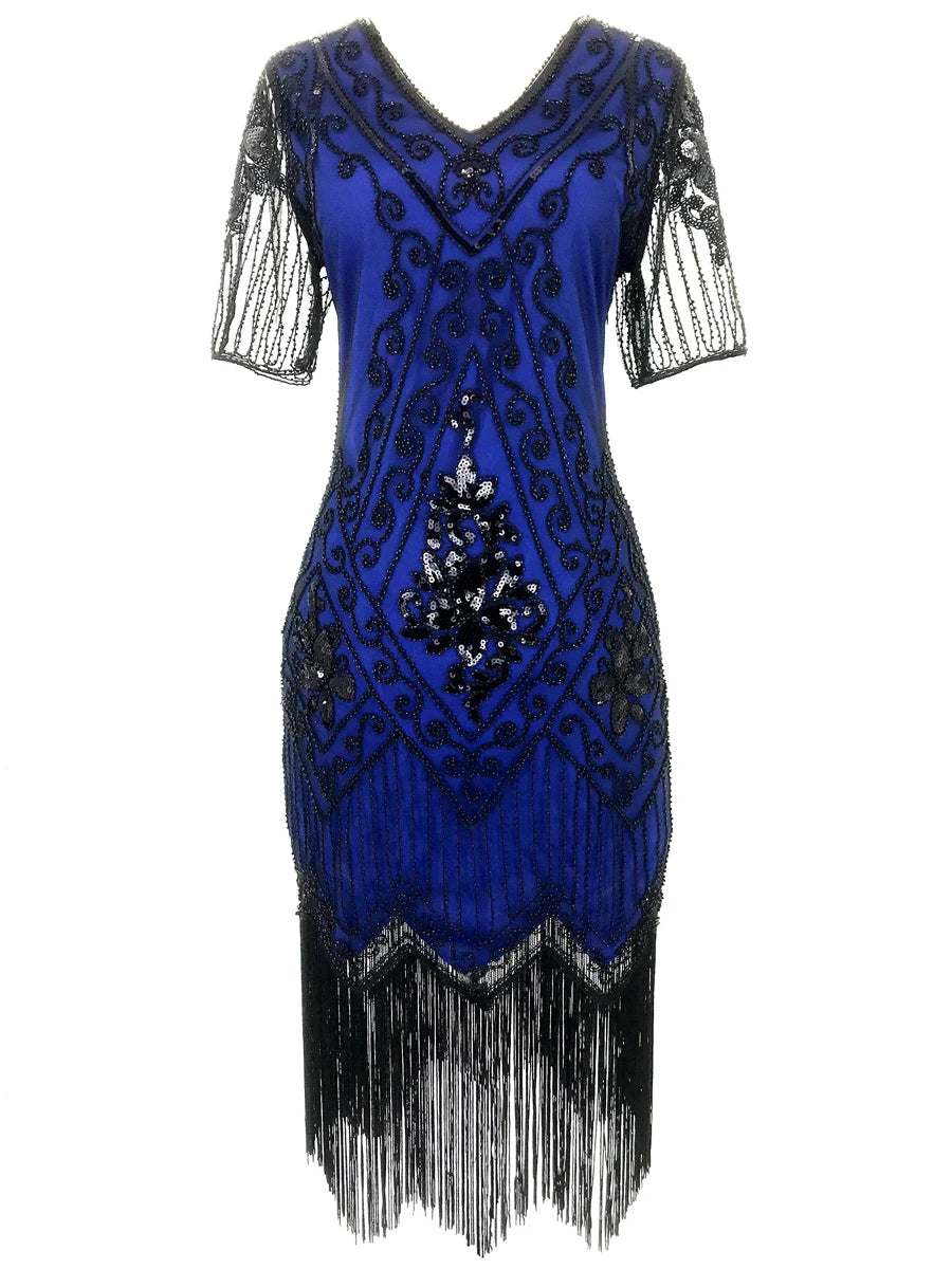 Embellished Beaded Sequin Dress Robe Vestidos Women 1920s Flapper Dress Vintage V Neck Butterfly Sleeve Long Great Gatsby Dress