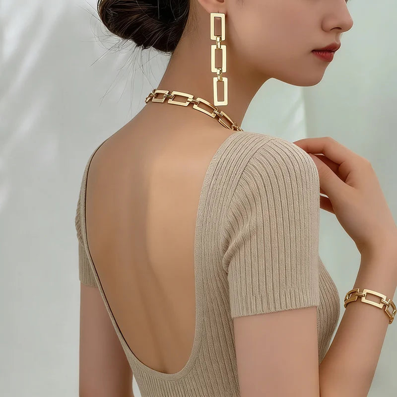 3/4PCS Stainless Steel Fashion Gold Color Geometric Chain Hollow Necklace Bracelets For Women Girl New Fashion Non-fading Set