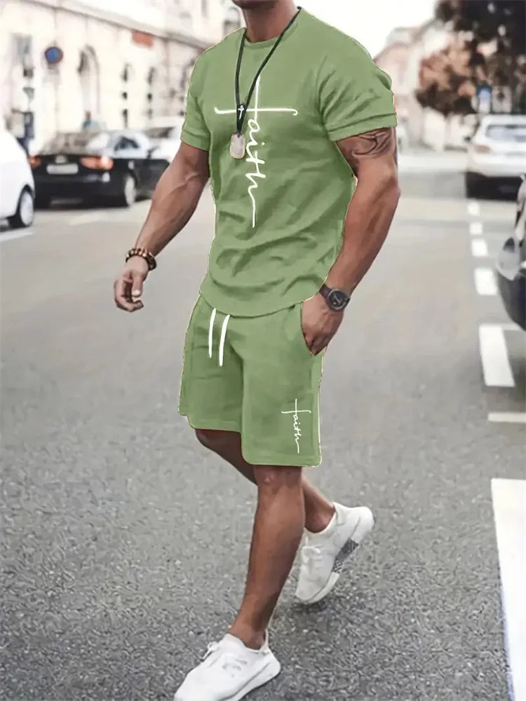 Mens T Shirt Shorts Set Fashion Mens Cross Printed Short Sleeve Two Pieces Oversized Outdoor Beach Sports Men's Plus Size Suit