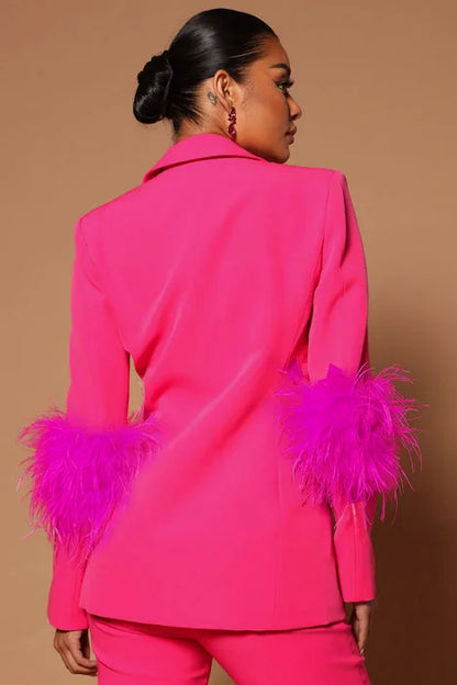 CM.YAYA Vintage Women Fur Hem Long Sleeve Blazer Suit and Pants  Chic OL Fashion Two 2 Piece Set Outfits Basic Tracksuit