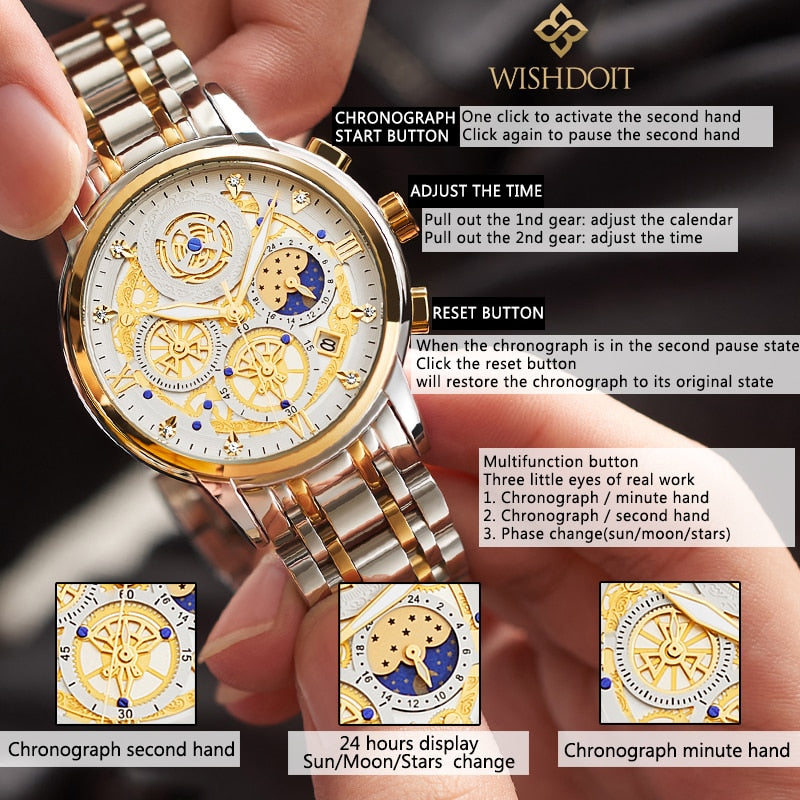 WISHDOIT Original Watch for Men&#39;s Waterproof Stainless Steel Quartz Analog Fashion Business Sun Moon Star Wristwatches Top Brand