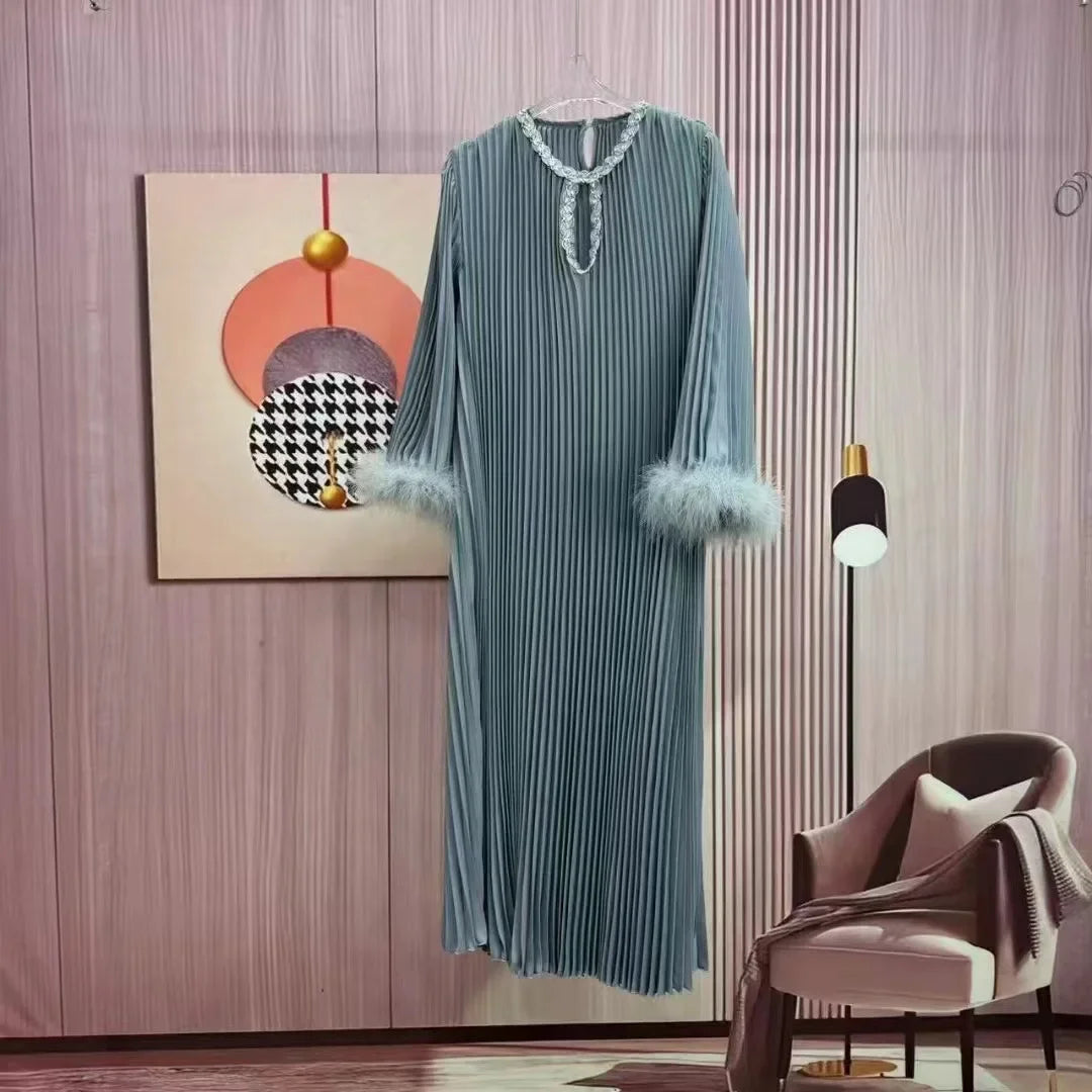 Pleated Ruffles Long Dresses Women Full Sleeve Round Collar A Line Lace-up Solid Color New 2024 Female Dress