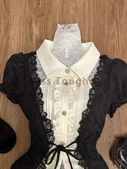 Fashion Sweet Slim Short Sleeve 2 Piece Set Women Design Chic Lapel Bow Patchwork Tops + High Waist Thin Plaid Short Skirt New