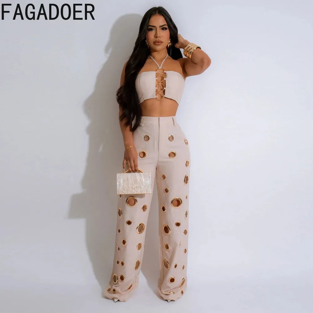 FAGADOER Sexy Solid Hole Wide Leg Pants Streetwear Women Halter Sleeveless Backless Crop Top And Pants Two Piece Sets Outfits