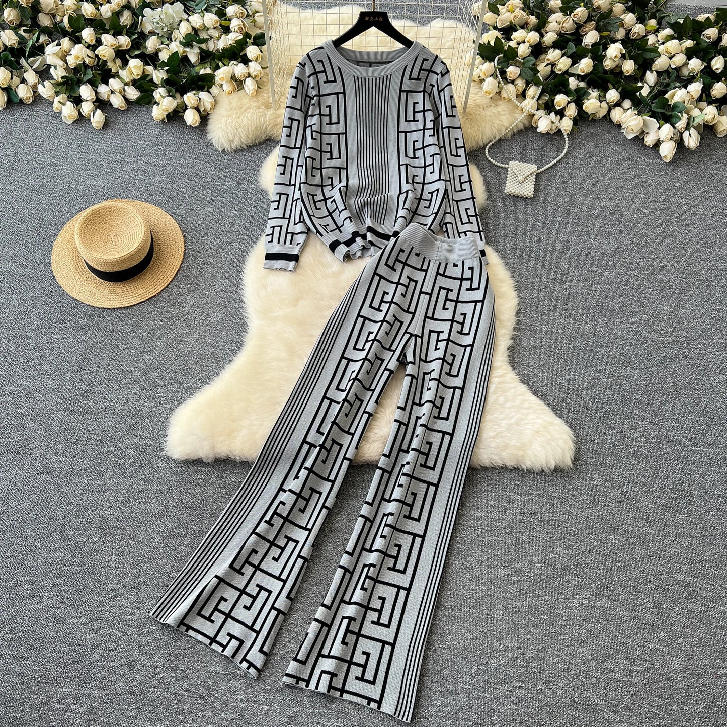 SINGREINY Geometric Maze Print Two Pieces Suits Autumn Winter O Neck Sweater+Long Pants Women Casual Fashion Knitting 2pcs Sets