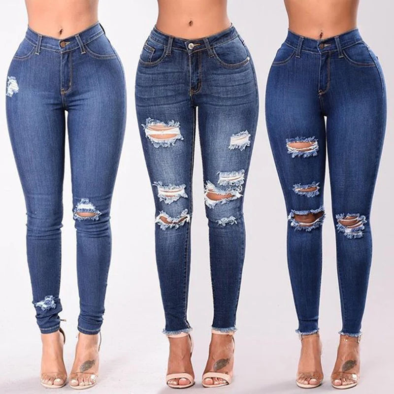 Women Stretch Skinny Ripped Jeans Lady High Waist Pencil Long Pants Narrow Straight Leg Wrap Hips Plus Size S-3XL Trousers