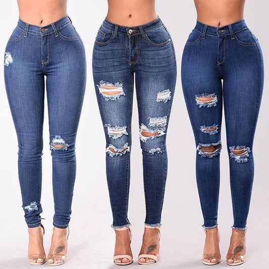 Women Stretch Skinny Ripped Jeans Lady High Waist Pencil Long Pants Narrow Straight Leg Wrap Hips Plus Size S-3XL Trousers