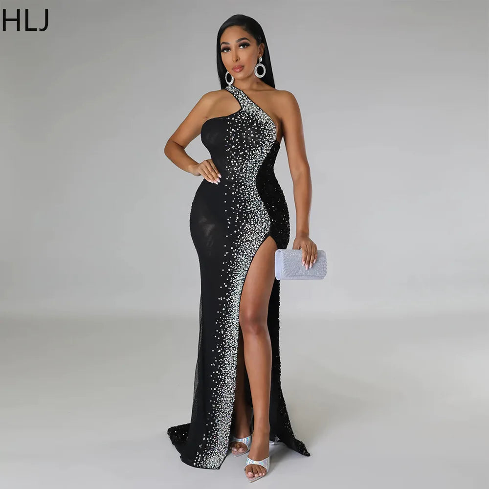 HLJ Black Fashion Diamonds Rhinestone Party Birthday Dresses Women One Shoulder High Slit Floor Dress Female Bodycon Vestidos