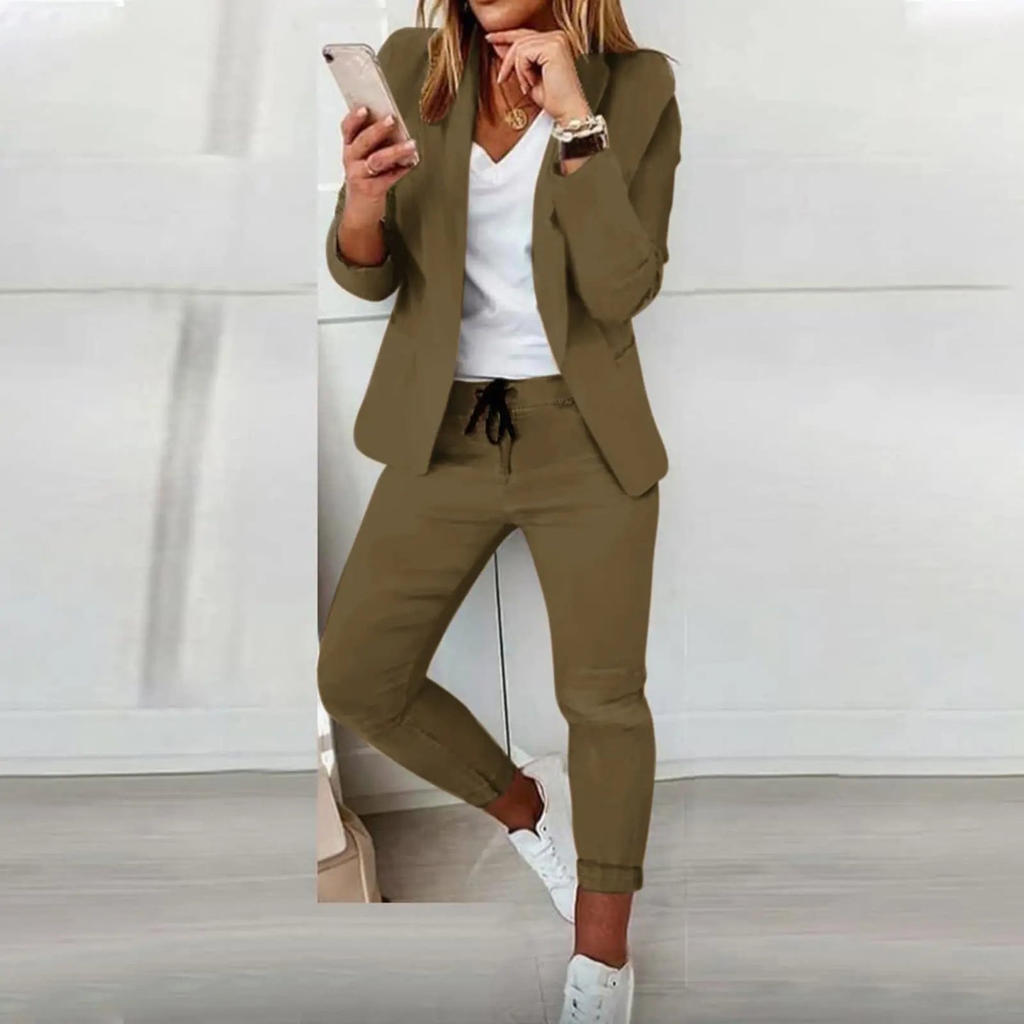 Women's Monochrome Casual Business Suit Temperament Commuting Pants Drawstring Elastic Waist Fashion Slit Suit Two-piece Set