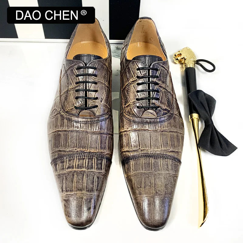 ITALIAN MEN LEATHER SHOES GRAY CROCODILE PRINT CASUAL MEN DRESS SHOES LACE UP CAP TOE WEDDING OFFICE OXFRD SHOES FRO MEN