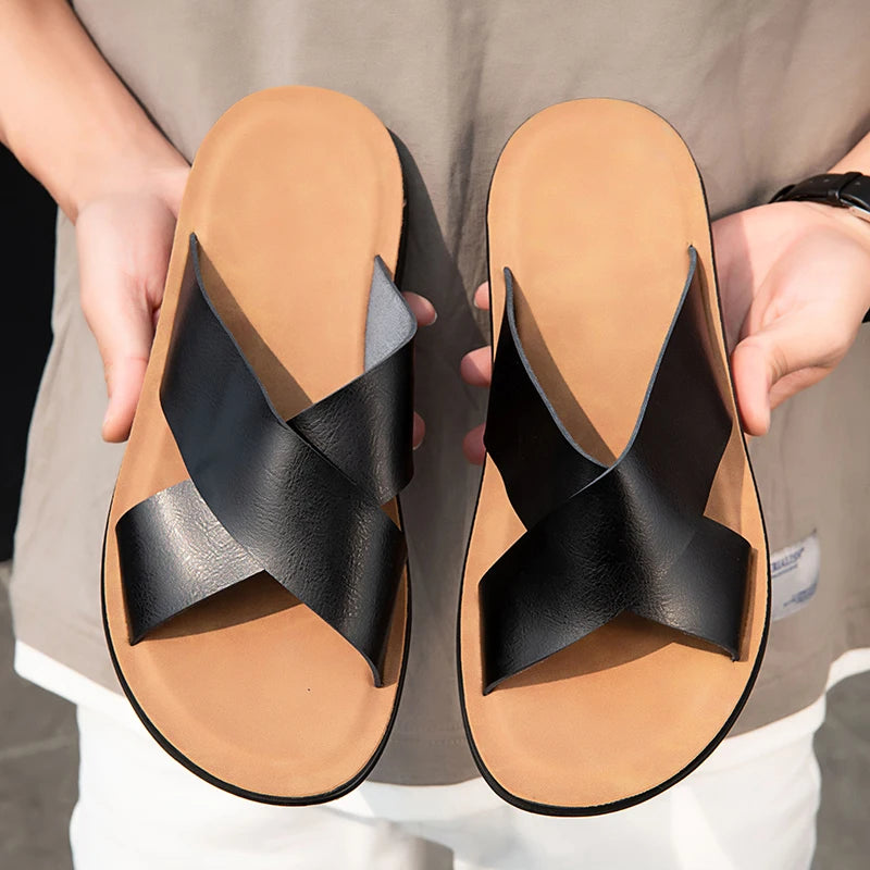 New Fashion Summer Black Men Shoes Vintage Italian Flats Casual Non-slip Beach Sandals Leather Flip Flop Slippers Flat Sandals