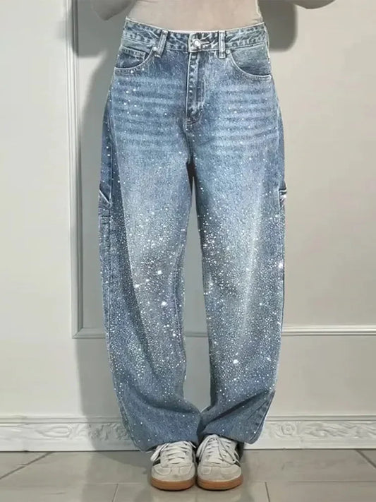 Shiny Rhinestone Baggy Women's Wide Leg Jeans Full Diamond Wide Leg Dragging Denim Pants Vintage Washed Pants Casual Trousers