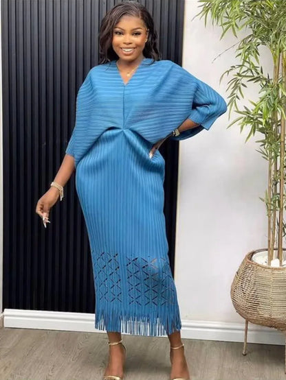 EGRM Autumn  New Miyake Pleated Dress High Elastic Fashion V-neck Bat Sleeve Tassel Slim Fit Women's Party Dresses 6G5809