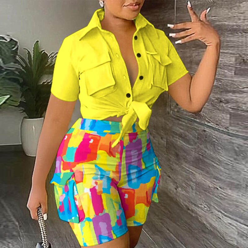 Summer pockets shorts set women single Buttons crop top and short pant two piece set Lady fashion bow tie up outfit set