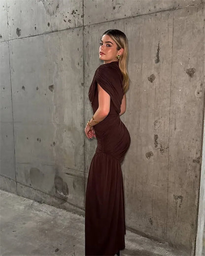 Mozision Irregular Draped Ruched Sexy Mini Dress For Women Elegant Turtleneck Sleeveless High Waist Pleated Club Party Dress