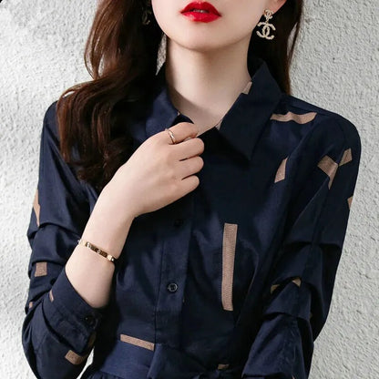 Elegant Fashion Geometric Printed Belt Dresses Spring  Long Sleeve Polo-neck Loose Tunic Pullover Midi Dress Female Clothing
