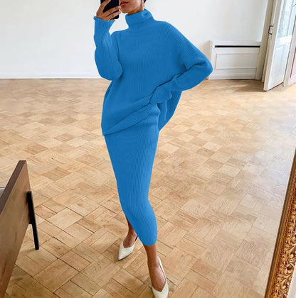 BKQU Knitted Dress Sets Women Loose Turtleneck Sweater Pullover And High Waist Long Skirt Two-Piece Set  Fall Winter Outfits
