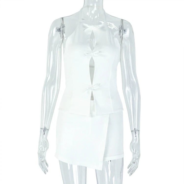 Stylish Lady White Hollow Out 2 Piece Set Women Halter Backless Tops and Irregular Mini Skirts Suits  Summer Elegant Outfits