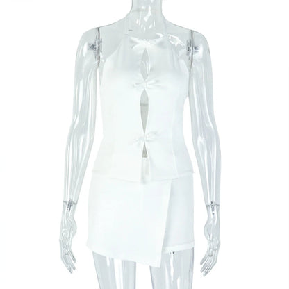 Stylish Lady White Hollow Out 2 Piece Set Women Halter Backless Tops and Irregular Mini Skirts Suits  Summer Elegant Outfits