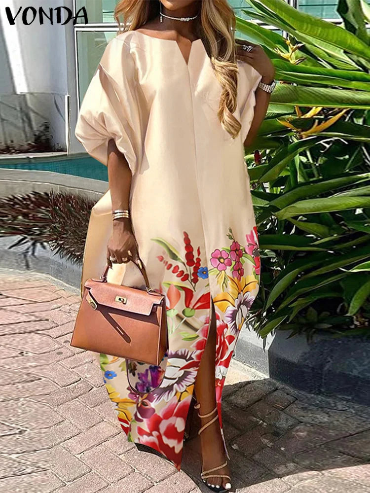 Übergröße 5XL Damen Böhmisches Satin Seide Maxi Langes Kleid 2025 Sommer Strandkleid Elegant V-Ausschnitt Vestidos Lässiges Weites Robe Femme