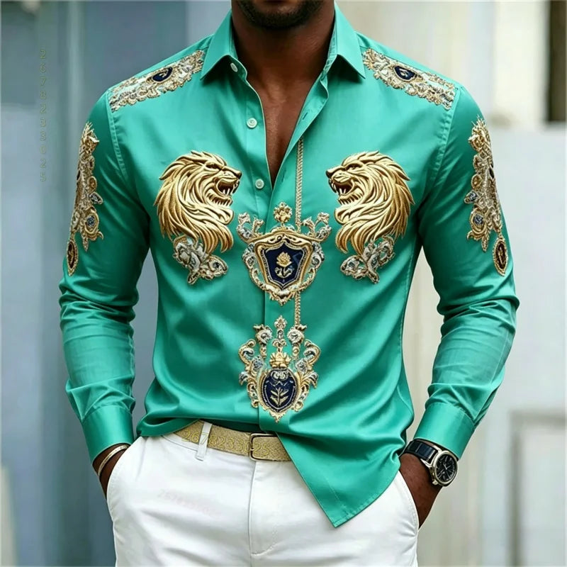 Men's shirt Baroque style shirt Lion head slim fit design long sleeved shirt Business casual street style men's clothing XS-6XL