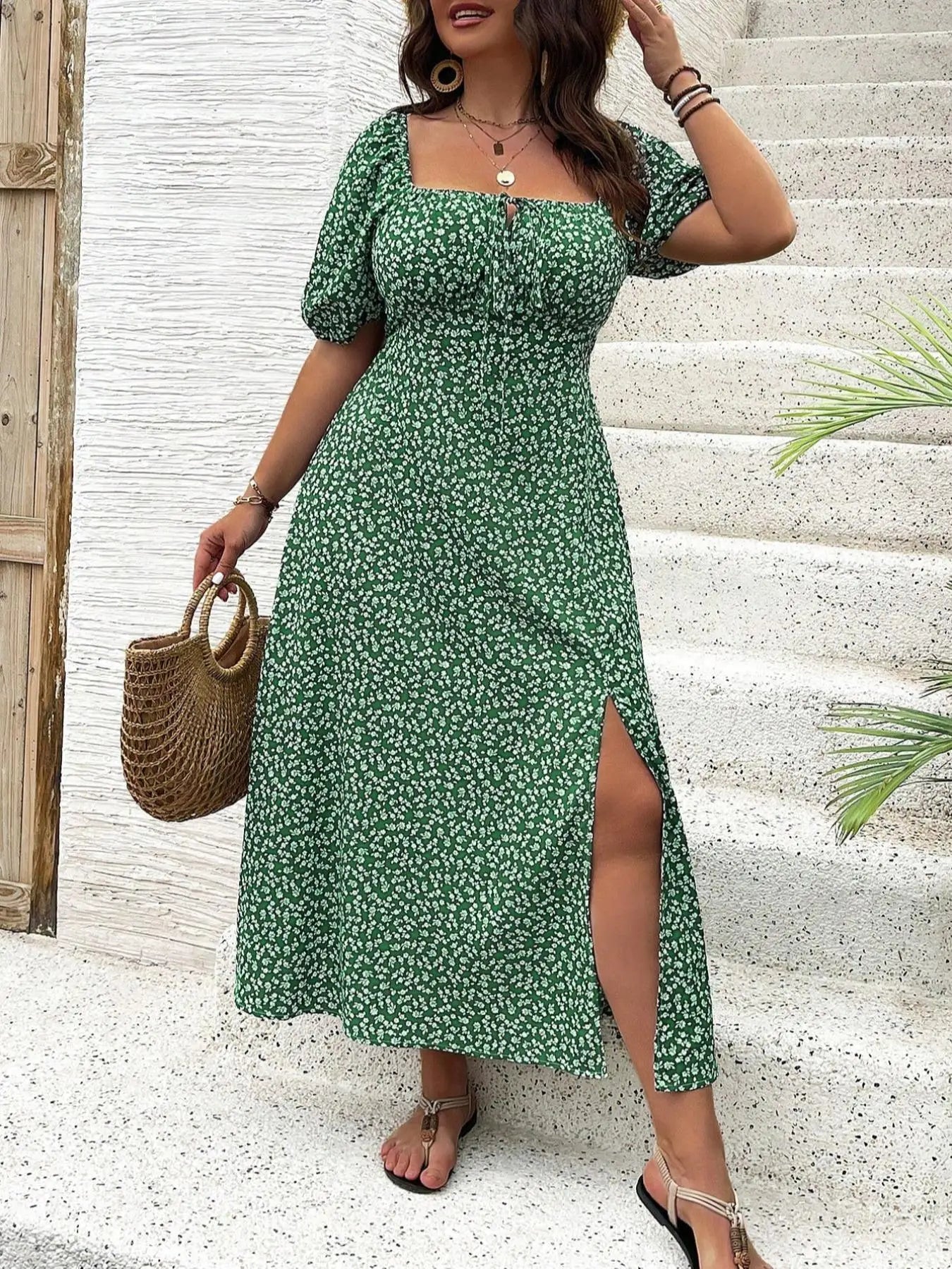 【Große Größen】Blumenmuster quadratischer Ausschnitt Kleid, lässiges Mode-Langarmkleid für den täglichen Gebrauch im Freien, Damen Plus-Size-Kleidung fo