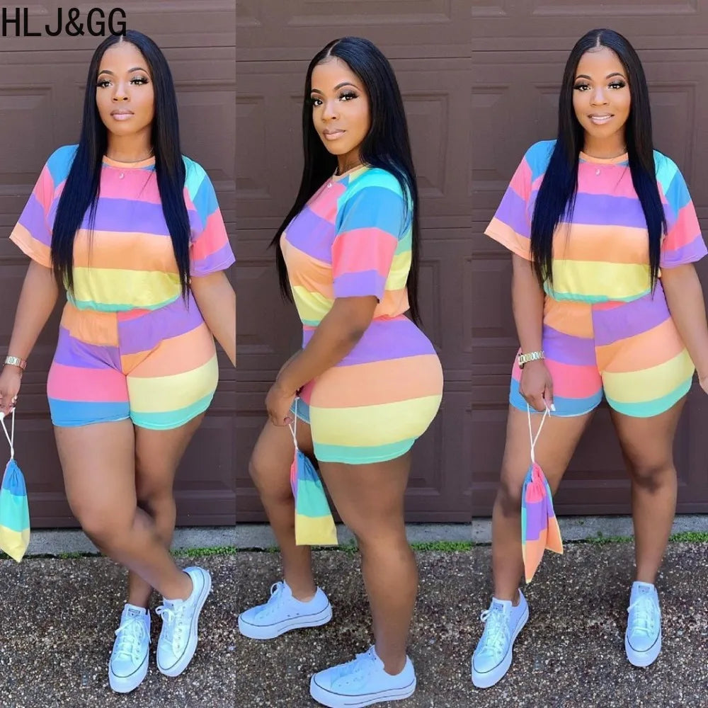 HLJ&GG Summer Color Stripe Stitching Two Piece Sets Women Round Neck Short Sleeve Tshirt + Shorts Outfits Casual 2pcs Home Suits