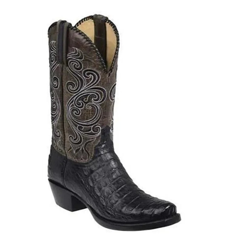 3 Color Fashion Men Women Retro Embroidered Cowboy Boots PU Western Square Toe Boots Plus Size 34-48