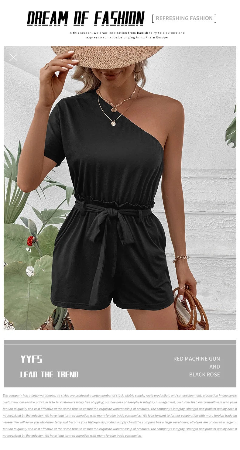 2024 Summer New Women's Casual Single Shoulder Solid Color Jumpsuit Shorts