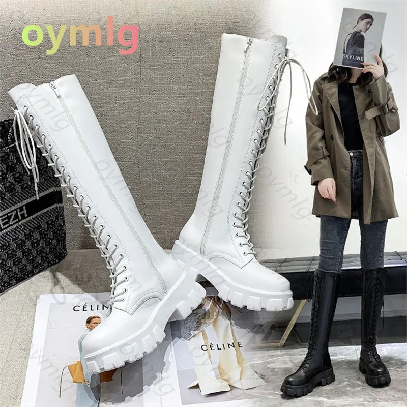 Winter Long Boot Shoes Women White Lace Up Zip Height Increasing Pu Leather Shoes Plush Botas Mujer  winter boots