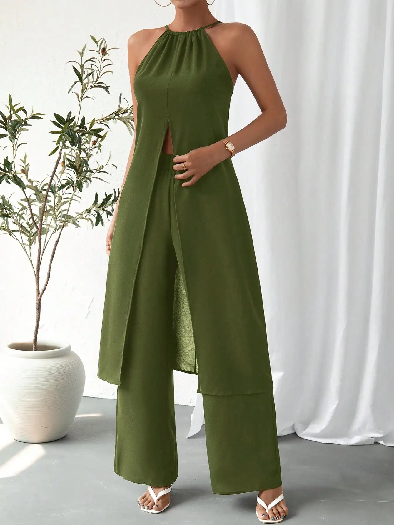 Elegant Casual Solid Color woman Chic Two-Piece Set Strap Design Fashionable Women's Outfit
