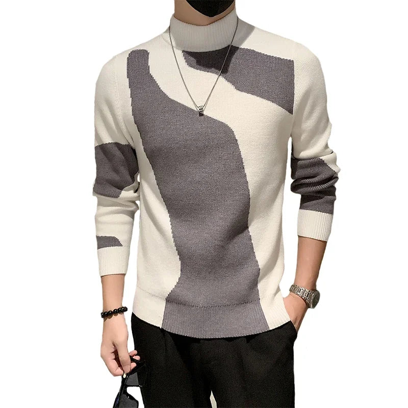 2023 Autumn/Winter Colored Half Turtleneck Sweater Men Long Sleeve Slim Fit Casual Pullover Social Underlying Knitwear Tops