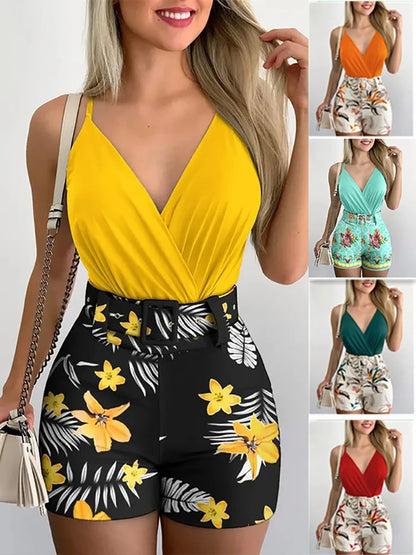 Summer Sexy Fashion Two-piece Hips Beach Women Suspender Shorts Suit Monos Mujer Elegante with Belt