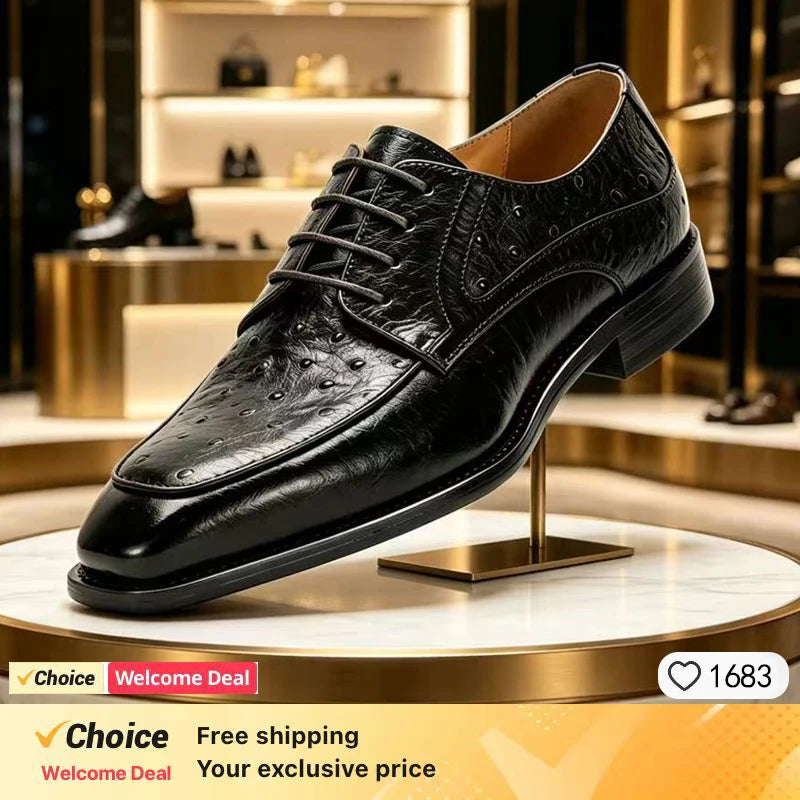 2026 new ostrich leather pattern men's genuine leather formal wear handmade cowhide Fashion casual business leather shoes