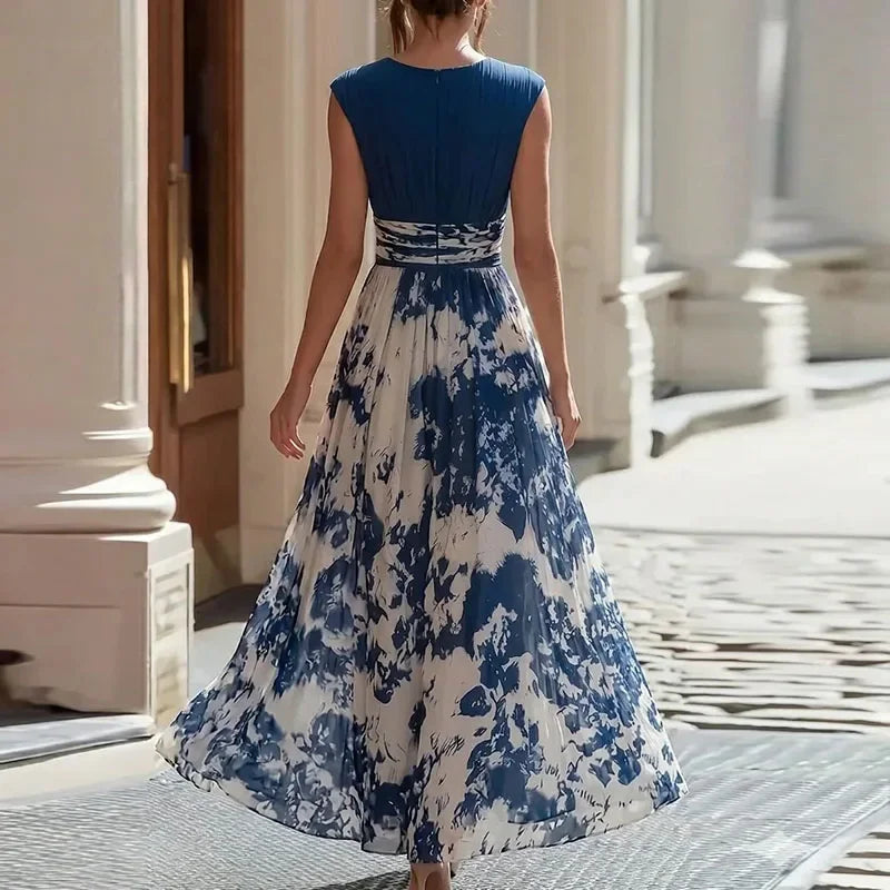 Women Sleeveless Print Maxi Dress Deep V Neck Pleated High Waist Flowy A Line Dress Summer Bohemian Beach Wedding Casual Dresses