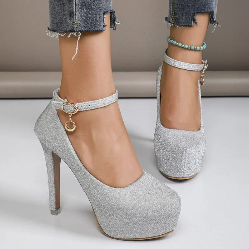 Women's High Heels 2026 New Style Semi-Uppered Thin Heel Waterproof Platform Buckle Fashion Shoes Large Size Strap Shoes
