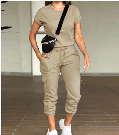 Two Piece Sets for Women Elegant Fashion Solid Round Neck Short Sleeve Top Multi Pocket Work Jogging Pants Suit 2023 Autumn New